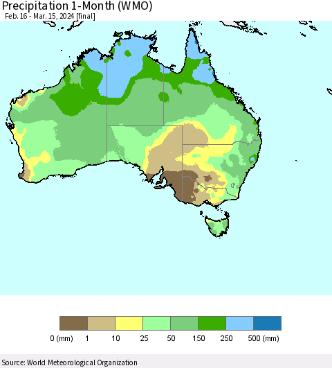 Australia Precipitation 1-Month (WMO) Thematic Map For 2/16/2024 - 3/15/2024