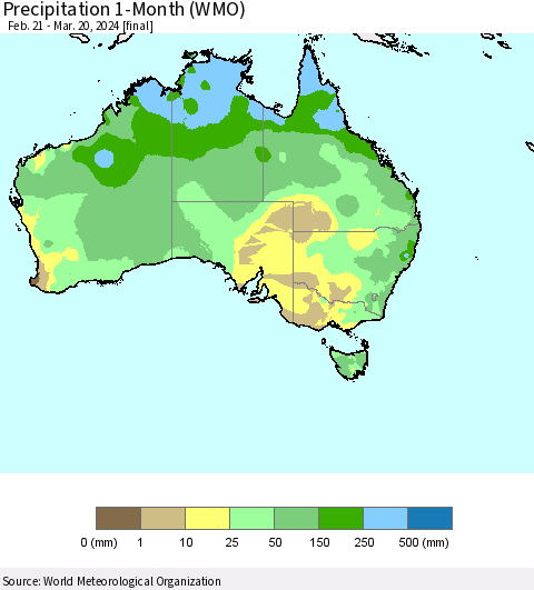 Australia Precipitation 1-Month (WMO) Thematic Map For 2/21/2024 - 3/20/2024