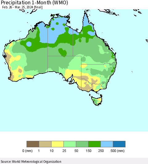 Australia Precipitation 1-Month (WMO) Thematic Map For 2/26/2024 - 3/25/2024