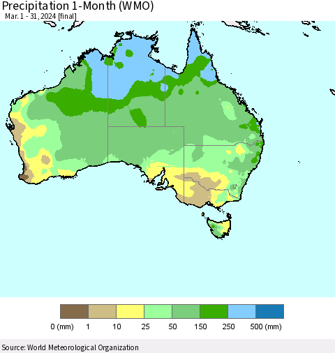 Australia Precipitation 1-Month (WMO) Thematic Map For 3/1/2024 - 3/31/2024
