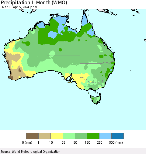 Australia Precipitation 1-Month (WMO) Thematic Map For 3/6/2024 - 4/5/2024