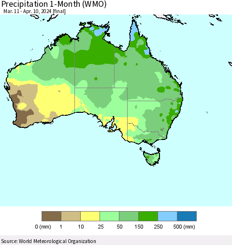 Australia Precipitation 1-Month (WMO) Thematic Map For 3/11/2024 - 4/10/2024