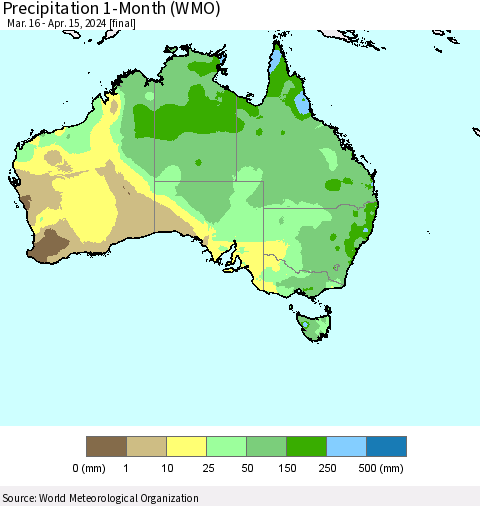 Australia Precipitation 1-Month (WMO) Thematic Map For 3/16/2024 - 4/15/2024