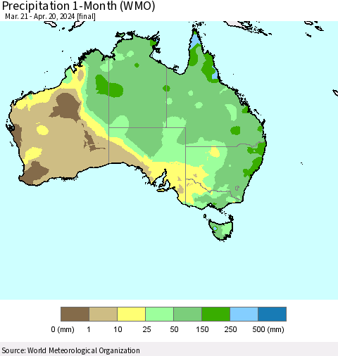 Australia Precipitation 1-Month (WMO) Thematic Map For 3/21/2024 - 4/20/2024