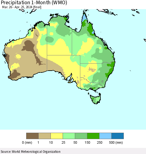 Australia Precipitation 1-Month (WMO) Thematic Map For 3/26/2024 - 4/25/2024