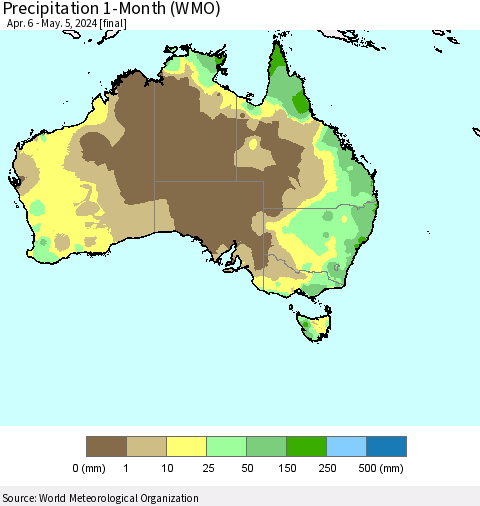 Australia Precipitation 1-Month (WMO) Thematic Map For 4/6/2024 - 5/5/2024