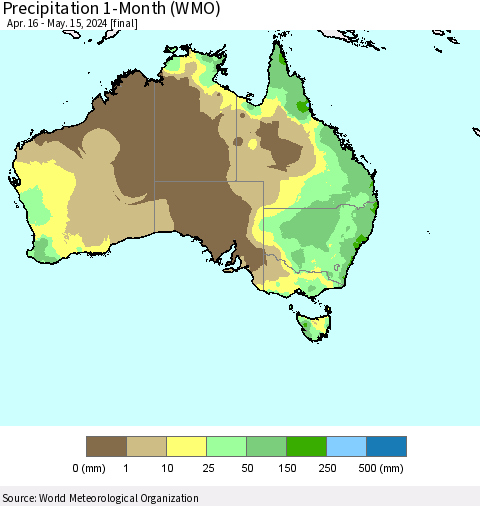 Australia Precipitation 1-Month (WMO) Thematic Map For 4/16/2024 - 5/15/2024