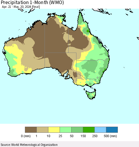Australia Precipitation 1-Month (WMO) Thematic Map For 4/21/2024 - 5/20/2024