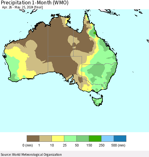 Australia Precipitation 1-Month (WMO) Thematic Map For 4/26/2024 - 5/25/2024