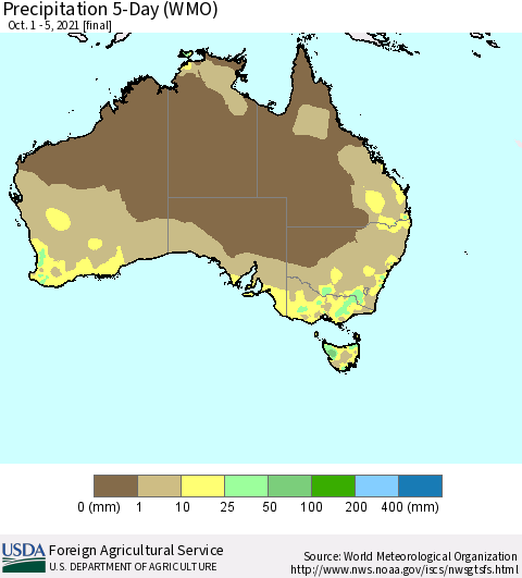 Australia Precipitation 5-Day (WMO) Thematic Map For 10/1/2021 - 10/5/2021