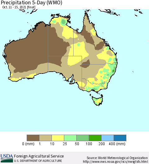 Australia Precipitation 5-Day (WMO) Thematic Map For 10/11/2021 - 10/15/2021