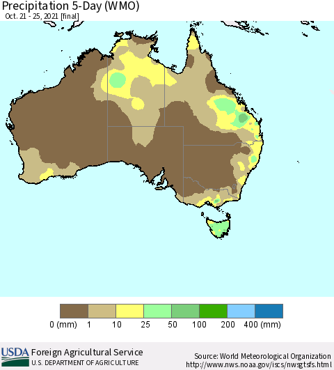 Australia Precipitation 5-Day (WMO) Thematic Map For 10/21/2021 - 10/25/2021