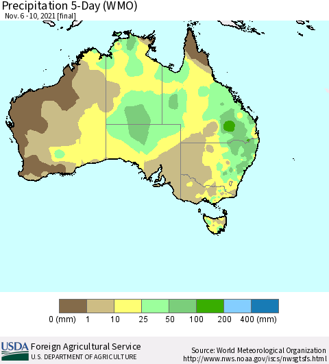 Australia Precipitation 5-Day (WMO) Thematic Map For 11/6/2021 - 11/10/2021