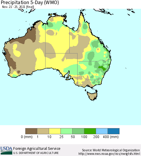 Australia Precipitation 5-Day (WMO) Thematic Map For 11/21/2021 - 11/25/2021