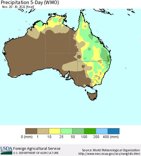 Australia Precipitation 5-Day (WMO) Thematic Map For 11/26/2021 - 11/30/2021