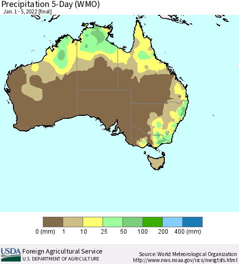 Australia Precipitation 5-Day (WMO) Thematic Map For 1/1/2022 - 1/5/2022