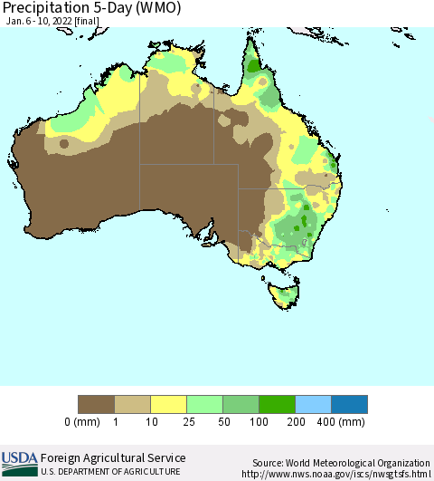 Australia Precipitation 5-Day (WMO) Thematic Map For 1/6/2022 - 1/10/2022