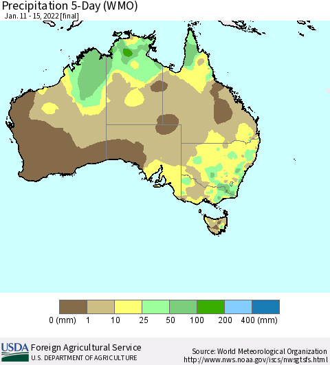 Australia Precipitation 5-Day (WMO) Thematic Map For 1/11/2022 - 1/15/2022