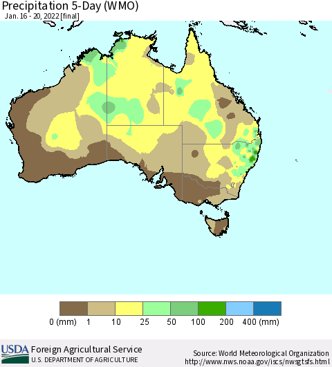 Australia Precipitation 5-Day (WMO) Thematic Map For 1/16/2022 - 1/20/2022