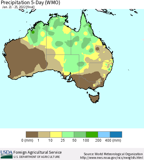 Australia Precipitation 5-Day (WMO) Thematic Map For 1/21/2022 - 1/25/2022