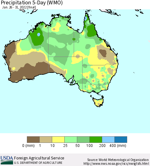 Australia Precipitation 5-Day (WMO) Thematic Map For 1/26/2022 - 1/31/2022