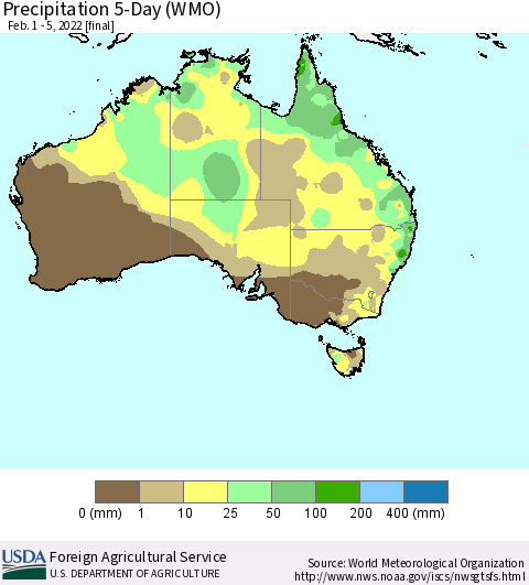 Australia Precipitation 5-Day (WMO) Thematic Map For 2/1/2022 - 2/5/2022