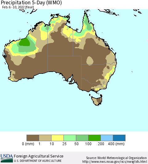 Australia Precipitation 5-Day (WMO) Thematic Map For 2/6/2022 - 2/10/2022