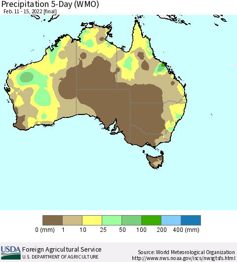 Australia Precipitation 5-Day (WMO) Thematic Map For 2/11/2022 - 2/15/2022
