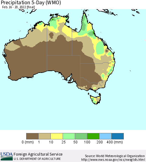 Australia Precipitation 5-Day (WMO) Thematic Map For 2/16/2022 - 2/20/2022