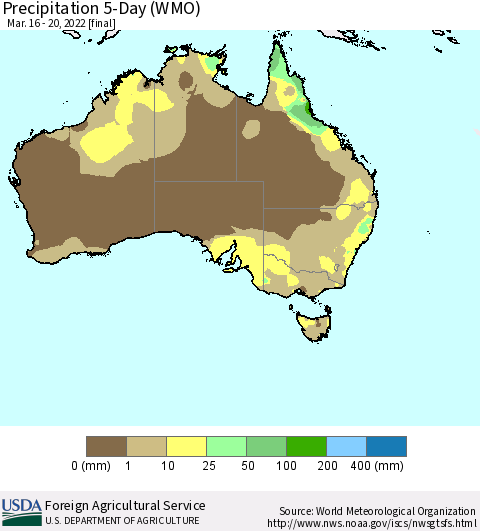 Australia Precipitation 5-Day (WMO) Thematic Map For 3/16/2022 - 3/20/2022