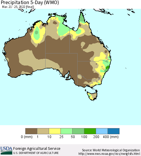 Australia Precipitation 5-Day (WMO) Thematic Map For 3/21/2022 - 3/25/2022
