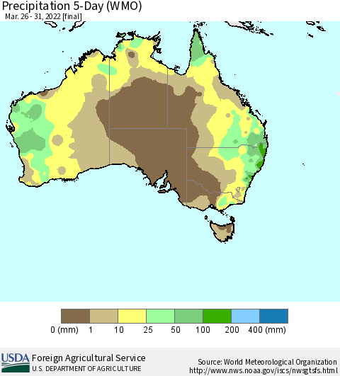 Australia Precipitation 5-Day (WMO) Thematic Map For 3/26/2022 - 3/31/2022