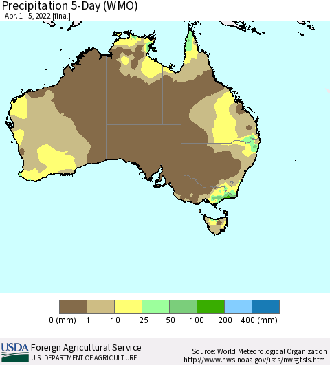 Australia Precipitation 5-Day (WMO) Thematic Map For 4/1/2022 - 4/5/2022