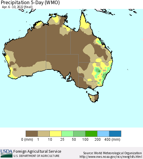 Australia Precipitation 5-Day (WMO) Thematic Map For 4/6/2022 - 4/10/2022