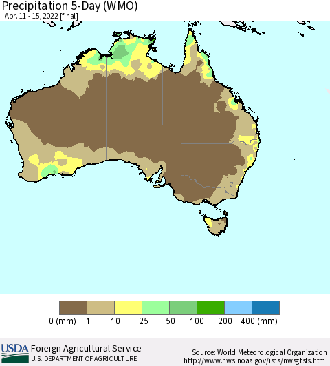 Australia Precipitation 5-Day (WMO) Thematic Map For 4/11/2022 - 4/15/2022