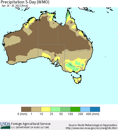 Australia Precipitation 5-Day (WMO) Thematic Map For 4/16/2022 - 4/20/2022
