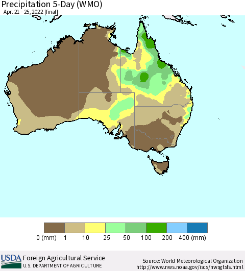 Australia Precipitation 5-Day (WMO) Thematic Map For 4/21/2022 - 4/25/2022