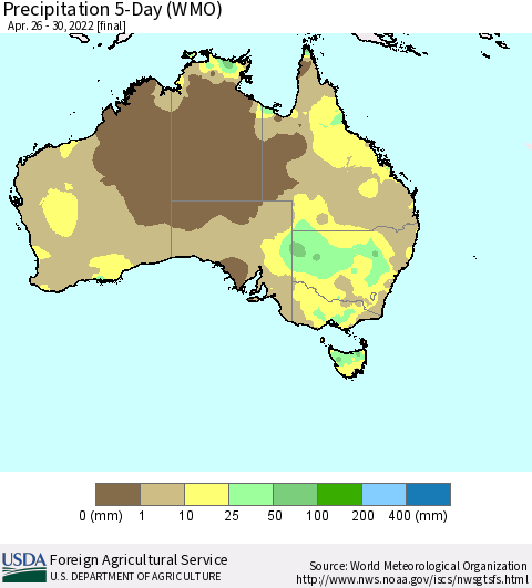 Australia Precipitation 5-Day (WMO) Thematic Map For 4/26/2022 - 4/30/2022