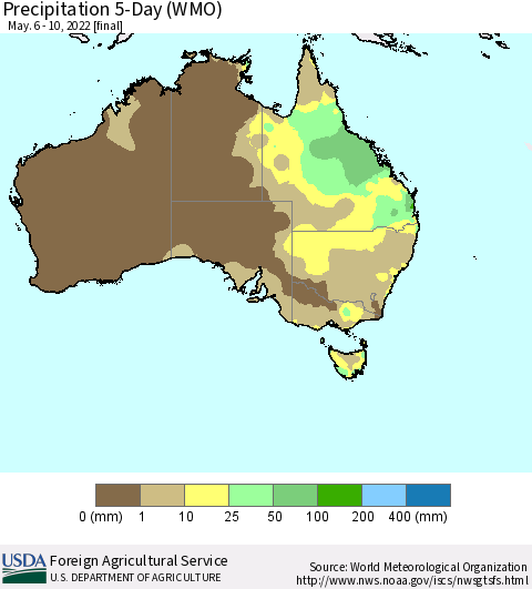 Australia Precipitation 5-Day (WMO) Thematic Map For 5/6/2022 - 5/10/2022
