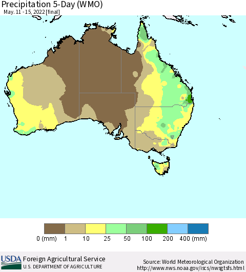 Australia Precipitation 5-Day (WMO) Thematic Map For 5/11/2022 - 5/15/2022