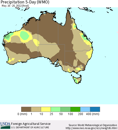 Australia Precipitation 5-Day (WMO) Thematic Map For 5/16/2022 - 5/20/2022