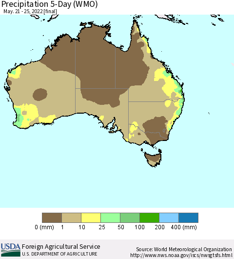 Australia Precipitation 5-Day (WMO) Thematic Map For 5/21/2022 - 5/25/2022
