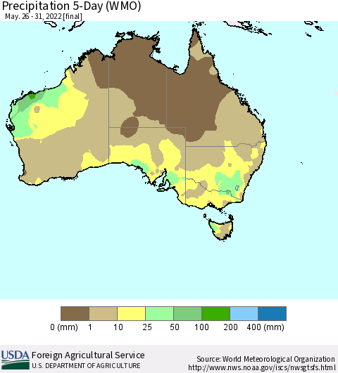 Australia Precipitation 5-Day (WMO) Thematic Map For 5/26/2022 - 5/31/2022