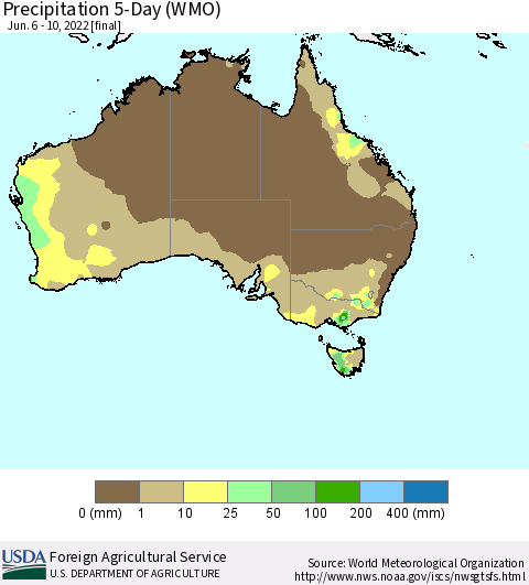Australia Precipitation 5-Day (WMO) Thematic Map For 6/6/2022 - 6/10/2022