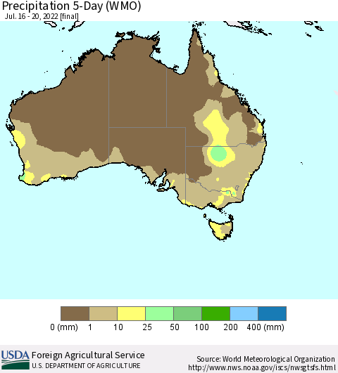 Australia Precipitation 5-Day (WMO) Thematic Map For 7/16/2022 - 7/20/2022