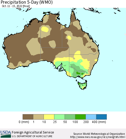 Australia Precipitation 5-Day (WMO) Thematic Map For 10/11/2022 - 10/15/2022