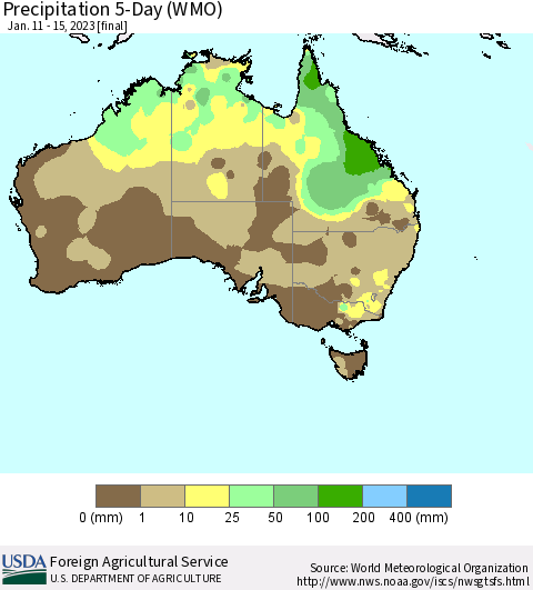 Australia Precipitation 5-Day (WMO) Thematic Map For 1/11/2023 - 1/15/2023