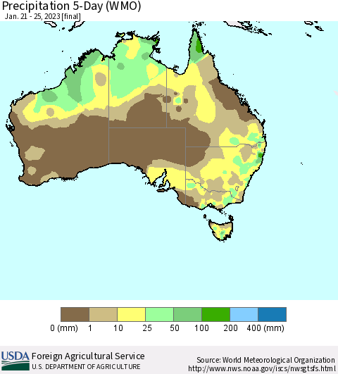 Australia Precipitation 5-Day (WMO) Thematic Map For 1/21/2023 - 1/25/2023