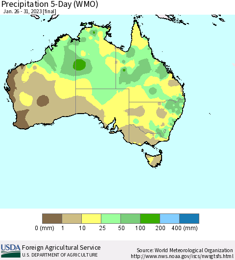 Australia Precipitation 5-Day (WMO) Thematic Map For 1/26/2023 - 1/31/2023