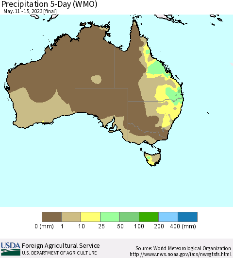 Australia Precipitation 5-Day (WMO) Thematic Map For 5/11/2023 - 5/15/2023